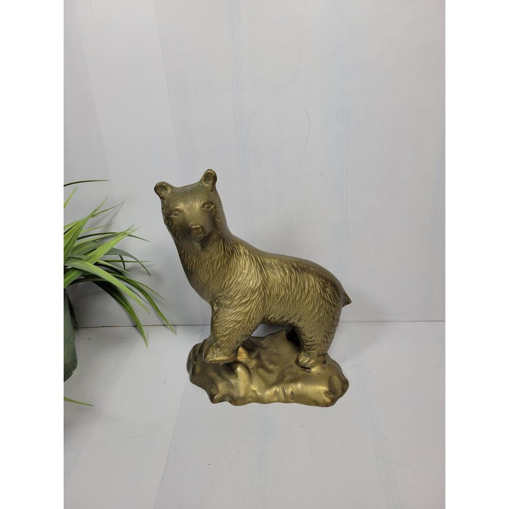 Vintage Brass Bear, Standing on Rock MCM Statue Cabin Decor